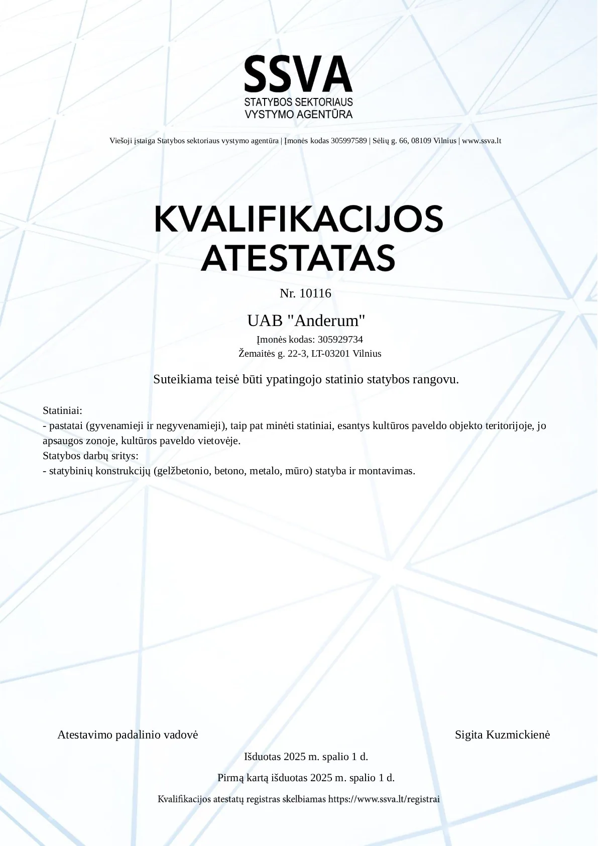 Ankstesnė atestato versija – Nr. 10116 / išduotas 2025-10-01