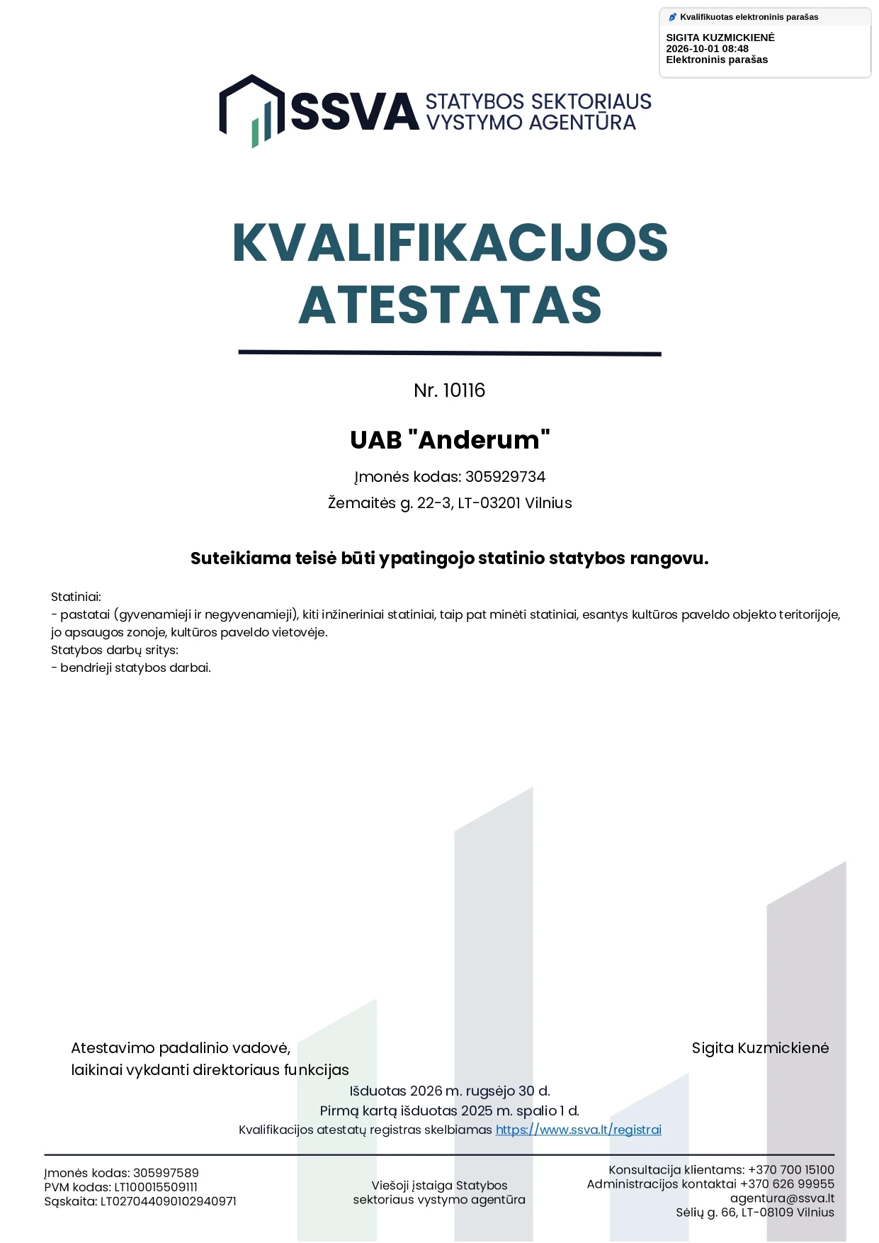 Kvalifikacijos atestatas – Nr. 10116 / atnaujintas 2026-09-30